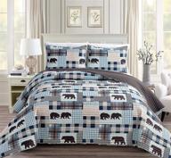 🏡 rustic modern farmhouse cabin lodge stripe bedspread set with grizzly bears and buffalo plaid check houndstooth patterns - beige blue - western 2 (king/cal-king) logo