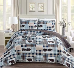 img 4 attached to 🏡 Rustic Modern Farmhouse Cabin Lodge Stripe Bedspread Set with Grizzly Bears and Buffalo Plaid Check Houndstooth Patterns - Beige Blue - Western 2 (King/Cal-King)