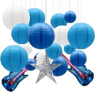 🔵 blue chinese paper lanterns decorative set of 19 with guitar foil balloons and star lantern for graduation, elephant baby shower, shark birthday, frozen theme, winter wonderland party decoration - kaxixi round lanterns логотип