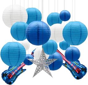 img 4 attached to 🔵 Blue Chinese Paper Lanterns Decorative Set of 19 with Guitar Foil Balloons and Star Lantern for Graduation, Elephant Baby Shower, Shark Birthday, Frozen Theme, Winter Wonderland Party Decoration - KAXIXI Round Lanterns