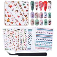 qimyar 10-pack christmas nail stickers with tweezers - 3d self-adhesive nail decals featuring santa, reindeer, wreath, bell, candy cane, christmas tree, hat, socks, penguin, puppet, and gift designs - diy nails manicure tips decor logo