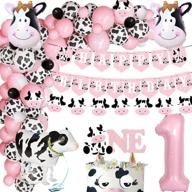 🐄 cow happy birthday party supplies: heeton cow theme decorations, banner, cake topper, balloon garland, perfect for cow themed first birthday party - pink & animal farm zoo - baby girl photo-worthy! логотип