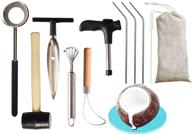 🥥 stainless steel coconut opener kit with hammer & wooden handle - 11pcs set including coconut spoon, drinking straws, straw cleaner, carry bag - premium opener tool for easy coconut opening logo