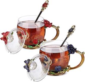 img 3 attached to BTA-T Glass Tea Cups with Lids - Pack of 2, Fancy and Floral Tea Mugs for Women, Blown Glass Tea Cups - Perfect Gift Ideas for Women