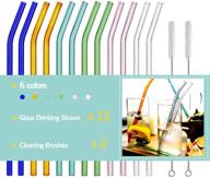 🌈 multi-color 12 pack of eco-friendly reusable bent glass drinking straws with 2 cleaning brushes - shatter resistant, non-toxic, and long-lasting logo