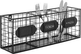 img 4 attached to Wall Mounted Black Metal 3 Compartment Kitchen Storage Basket and Flatware Organizer with Chalkboard Labels