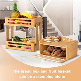 img 1 attached to 🥕 Farmhouse 2 Tier Bamboo Fruit Basket Stand with Large Bread Box, Food Storage Containers on Wheels, Ideal for Bread, Fruit, Vegetables Storage - Yumkfoi