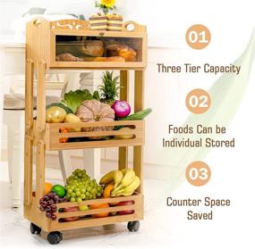 img 3 attached to 🥕 Farmhouse 2 Tier Bamboo Fruit Basket Stand with Large Bread Box, Food Storage Containers on Wheels, Ideal for Bread, Fruit, Vegetables Storage - Yumkfoi