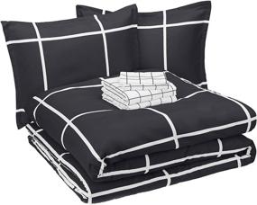 img 3 attached to 🛏️ Amazon Basics Full/Queen Bed-in-a-Bag with Elastic Storage Pockets - Black Grid: Reversible Microfiber Comfort