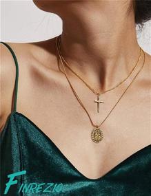 img 2 attached to 📿 Набор многослойных ожерелий Finrezio для женщин - католические христианские украшения с крестом и пендентом Богородицы, покрытые золотом 14K