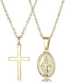 img 4 attached to 📿 Набор многослойных ожерелий Finrezio для женщин - католические христианские украшения с крестом и пендентом Богородицы, покрытые золотом 14K