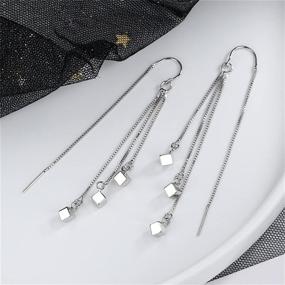 img 1 attached to ✨ Stylish Tiny Cube Threader Tassel Earrings - Hypoallergenic Dangle Drops for Women & Girls | Sterling Silver Plated Long Chain Charm Dangles - Trendy Cartilage Wrap Hanging Jewelry | Gift for Daughter, Christmas