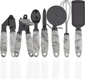 img 4 attached to 🔪 Enhance Your Kitchen with COOK With COLOR 7 Pc Kitchen Gadget Set: Gun Metal Utensils featuring Soft Touch Handles in White Marble Design