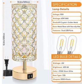 img 2 attached to 💎 Pair of 2 Touch Control Crystal Table Lamps with 2 USB Ports, 3-Way Dimmable Bedside Nightstand Gold Lamps featuring Decorative Crystals, Small Bedroom and Living Room Table Lamps with Integrated LED Bulbs