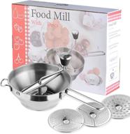 stainless steel food mill - rotary mill with 3 milling discs, 2 quart capacity for tomato and potato mashing, straining & grating - easy to clean, assemble, and dishwasher safe logo