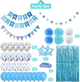 img 2 attached to Complete Blue Birthday Party Decorations Set: Tissue Pom Pom, Happy Birthday Banner, Confetti Balloons, Foil Fringe Curtain, Happy Birthday Supplies for All Ages - Light Blue and White