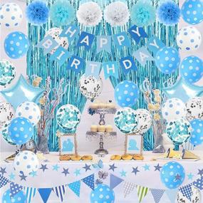 img 4 attached to Complete Blue Birthday Party Decorations Set: Tissue Pom Pom, Happy Birthday Banner, Confetti Balloons, Foil Fringe Curtain, Happy Birthday Supplies for All Ages - Light Blue and White