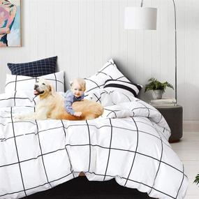 img 3 attached to 🛏️ Cottonight Grid Duvet Cover Twin: White and Black Grid Cotton Bedding Set for Kids and Teens - Buffalo Checkered Plaid Design, Super Soft and Comfy