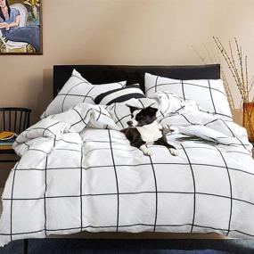 img 4 attached to 🛏️ Cottonight Grid Duvet Cover Twin: White and Black Grid Cotton Bedding Set for Kids and Teens - Buffalo Checkered Plaid Design, Super Soft and Comfy