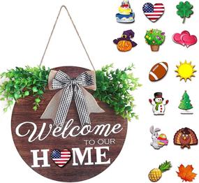 img 4 attached to 🎅 Anyyuk Interchangeable Christmas Day Welcome Sign Front Door Decor Wooden Seasonal Wreath with Buffalo Plaid Bow - Wall Hanging Outdoor Front Porch Holiday Decorations for Christmas and New Year