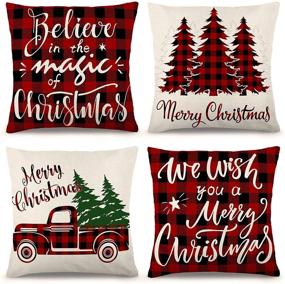 img 4 attached to 🎄 ZJHAI 18x18 Christmas Pillow Covers Set of 4 - Farmhouse Black and Red Buffalo Plaid Rustic Linen - Holiday Decorations for Sofa Couch - Christmas Throw Pillow Covers