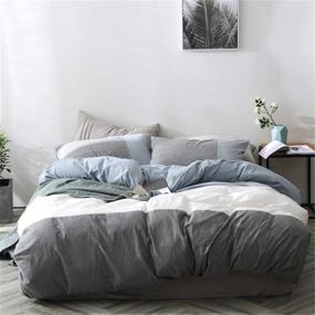 img 4 attached to MicBridal King Size Grey Blue and White Striped Duvet Cover Set - Ultra-Soft 🛏️ 100% Washed Cotton Bedding with 2 Pillowcases, Modern Patchwork Design, Zipper Closure & 4 Ties