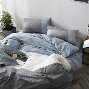 img 1 attached to MicBridal King Size Grey Blue and White Striped Duvet Cover Set - Ultra-Soft 🛏️ 100% Washed Cotton Bedding with 2 Pillowcases, Modern Patchwork Design, Zipper Closure & 4 Ties