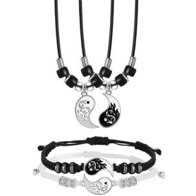 img 4 attached to 🐉 Stainless Steel Yin Yang Pendant Necklace and Bracelet Set: Dragon Theme, Adjustable Cord Bracelets and Necklace Chains for Friendship