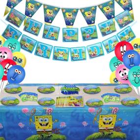 img 4 attached to 🎉 85-Piece Spongebob Birthday Party Supplies and Decorations Set for Kids, Girls, and Boys - Tableware, Dragon Blowing Kit, Balloons, Tablecloth, and Banner - Ideal for 1st Birthdays and Under 8 Parties