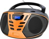 koramzi portable cd boombox with am/fm radio - compact and versatile music player for indoor/outdoor, offices, home, restaurants, picnics, school, camping - black/orange cd55-bko logo