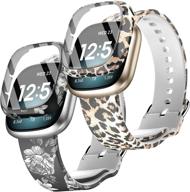 🐆 wearlizer 2-pack fitbit versa 3/sense bands with screen protector case - soft silicone fadeless pattern wristband strap for versa 3 accessories, women men sport, black flower & leopard logo