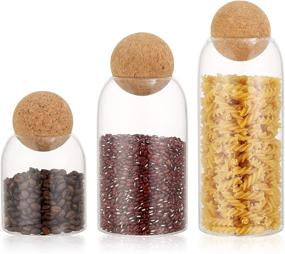 img 4 attached to GlssHM 3-Piece Glass Jars Set with Airtight Seal Wood Cork Lid Ball, Clear Glass Storage Canister Container with Ball Cork - Ideal for Home Kitchen Counter, Bathroom, Pantry - Perfect for Tea, Coffee, Sugar, Flour, Cookies