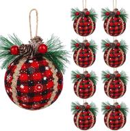 🎄 iceyyyy 9pcs christmas plaid ball ornaments - black & red 3 inch buffalo plaid fabric ball ornaments with pine cones and greenery, plaid christmas tree hanging ball ornaments for festive decorations логотип