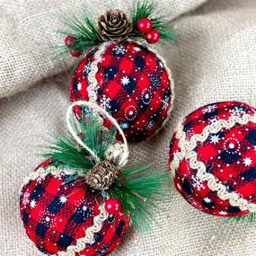 img 2 attached to 🎄 Iceyyyy 9PCS Christmas Plaid Ball Ornaments - Black & Red 3 Inch Buffalo Plaid Fabric Ball Ornaments with Pine Cones and Greenery, Plaid Christmas Tree Hanging Ball Ornaments for Festive Decorations