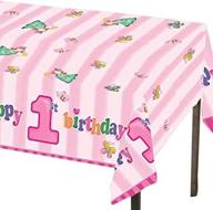 🎉 colorful plastic table cover for a memorable first birthday party: fun at one happy first birthday girl logo