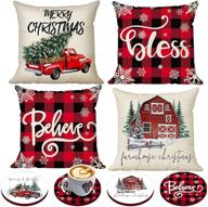 🎄 buffalo plaid christmas pillow covers set with bonus coasters - farmhouse tree truck rustic decorations логотип