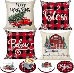 img 4 attached to 🎄 Buffalo Plaid Christmas Pillow Covers Set with Bonus Coasters - Farmhouse Tree Truck Rustic Decorations