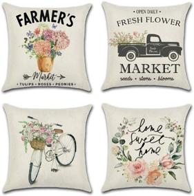 img 4 attached to 🌸 UooMay Farmhouse Floral Throw Pillow Covers - Set of 4 Vintage Truck Bicycle Flower Home Decorations: Exquisite 18x18 Inches Spring Market Cases & Housewarming Gifts