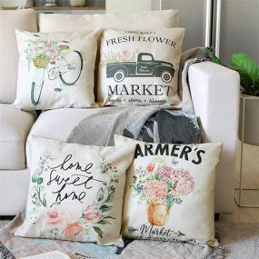 img 3 attached to 🌸 UooMay Farmhouse Floral Throw Pillow Covers - Set of 4 Vintage Truck Bicycle Flower Home Decorations: Exquisite 18x18 Inches Spring Market Cases & Housewarming Gifts