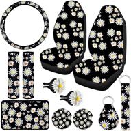 🌼 complete 12-piece daisy car accessories set: includes full seat cover, steering wheel cover, coasters, keyring, armrest pad cover, seat belt pads, wrist strap - ideal for auto, truck, van, suv logo