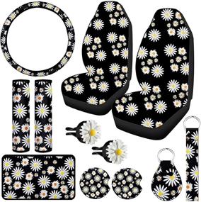 img 4 attached to 🌼 Complete 12-Piece Daisy Car Accessories Set: Includes Full Seat Cover, Steering Wheel Cover, Coasters, Keyring, Armrest Pad Cover, Seat Belt Pads, Wrist Strap - Ideal for Auto, Truck, Van, SUV