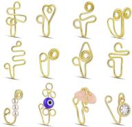 👃 12-piece set of african non-piercing nose cuffs for women - clip on nose rings, 14k gold plating, including evil eye, crystal, and pearl nose cuffs - fake nose cuff jewelry for women and girls logo