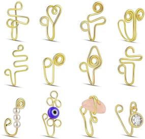 img 4 attached to 👃 12-Piece Set of African Non-Piercing Nose Cuffs for Women - Clip On Nose Rings, 14k Gold Plating, including Evil Eye, Crystal, and Pearl Nose Cuffs - Fake Nose Cuff Jewelry for Women and Girls