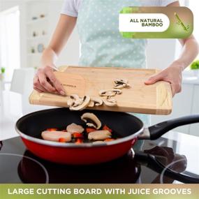 img 3 attached to 🎋 Bamboo Cutting Board Set: 5 Pieces with Pan and Scraper - Premium Natural Wood Non-Slip Chopping Board, Juice Groove, and Handles - Ideal for Meat, Veggies, and Cheese