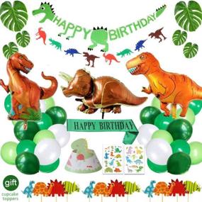 img 4 attached to 🎉 Dino-mite Birthday Bash: Complete Party Supplies with Birthday Banner, Hats, Sash, and Dinosaur Balloons for Boys!