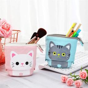 img 1 attached to 😺 Adorable Gray and White Cat Telescopic Pencil Case: Girls' Canvas PU Pencil Holder with Zipper Closure – Perfect for Organizing Cosmetics and Stationery