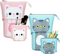 😺 adorable gray and white cat telescopic pencil case: girls' canvas pu pencil holder with zipper closure – perfect for organizing cosmetics and stationery логотип