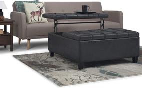 img 4 attached to 🛋️ SimpliHome Harrison 36" Lift Top Storage Ottoman: Square Coffee Table, Upholstered Distressed Black Tufted Faux Air Leather for a Traditional Living Room