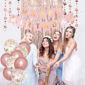 img 1 attached to 🎉 Rose Gold Birthday Party Decorations Set: Happy Birthday Banner, Rose Gold Fringe Curtain, Heart and Star Foil Confetti Balloons, Hanging Swirls for Women and Girls, Princess Theme