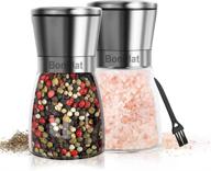 premium stainless steel salt and pepper grinder set - refillable coarseness adjustable ceramic spice mill shakers with cleaning brush by bonplat (2pcs/set, silver) logo